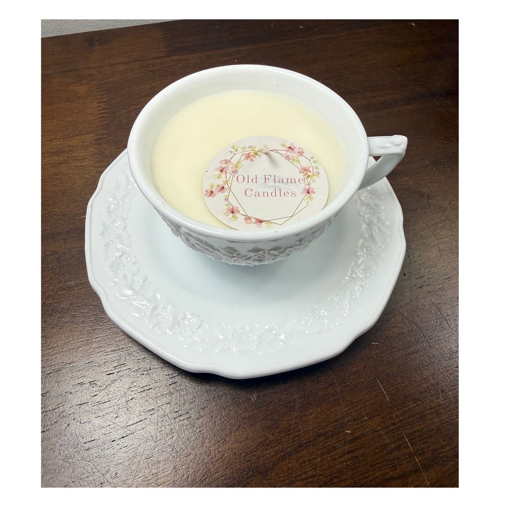 Old Flame Candles White Milk Glass Vintage Teacup and Saucer Soy Wax Candle